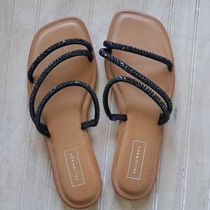 Yellow Box Darian Black Rhinestone Embellished Square Toe Flat Sandals